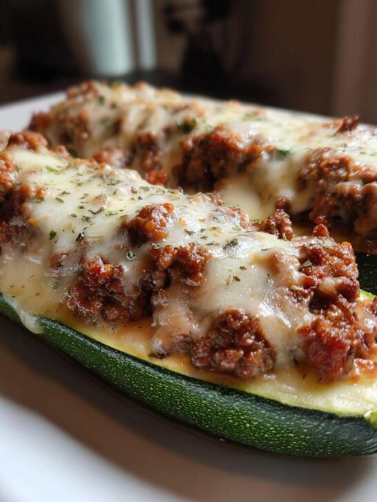 Two halves of baked Ground Beef Zucchini Boats topped with savory meat filling and melted mozzarella cheese.