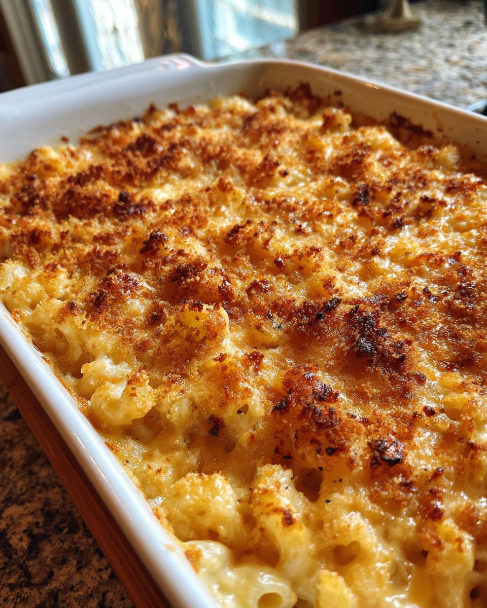 Close-up of creamy, cheesy Healthy Baked Mac And Cheese with a crispy, golden-brown breadcrumb topping.