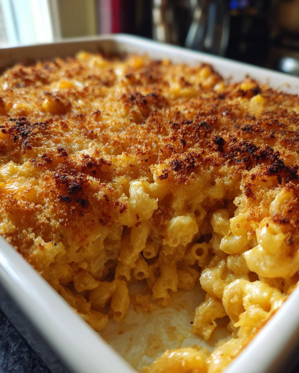 Close-up of a freshly baked dish of Healthy Baked Mac And Cheese with a golden, crispy breadcrumb topping.