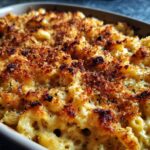Close-up of creamy, cheesy pasta topped with a perfectly browned, crunchy breadcrumb crust on Healthy Baked Mac And Cheese.