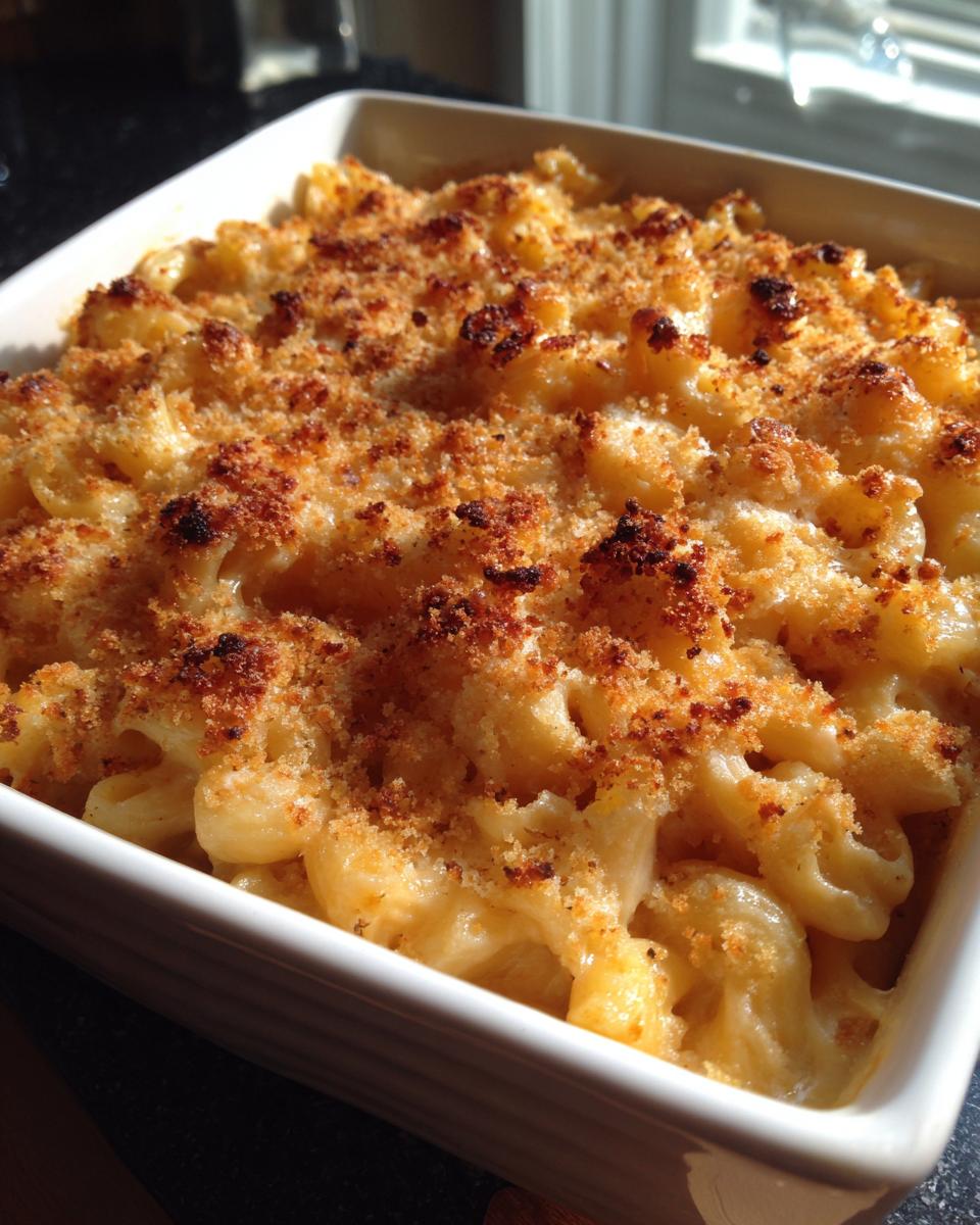 Close-up of creamy Healthy Baked Mac And Cheese with a crispy, golden breadcrumb topping in a white baking dish.