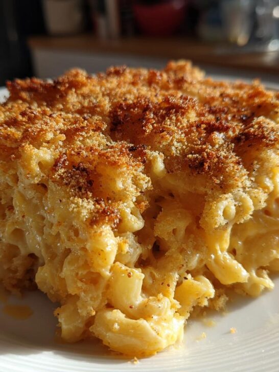 A close-up serving of Healthy Baked Mac And Cheese showing creamy pasta and a golden, crispy breadcrumb topping.