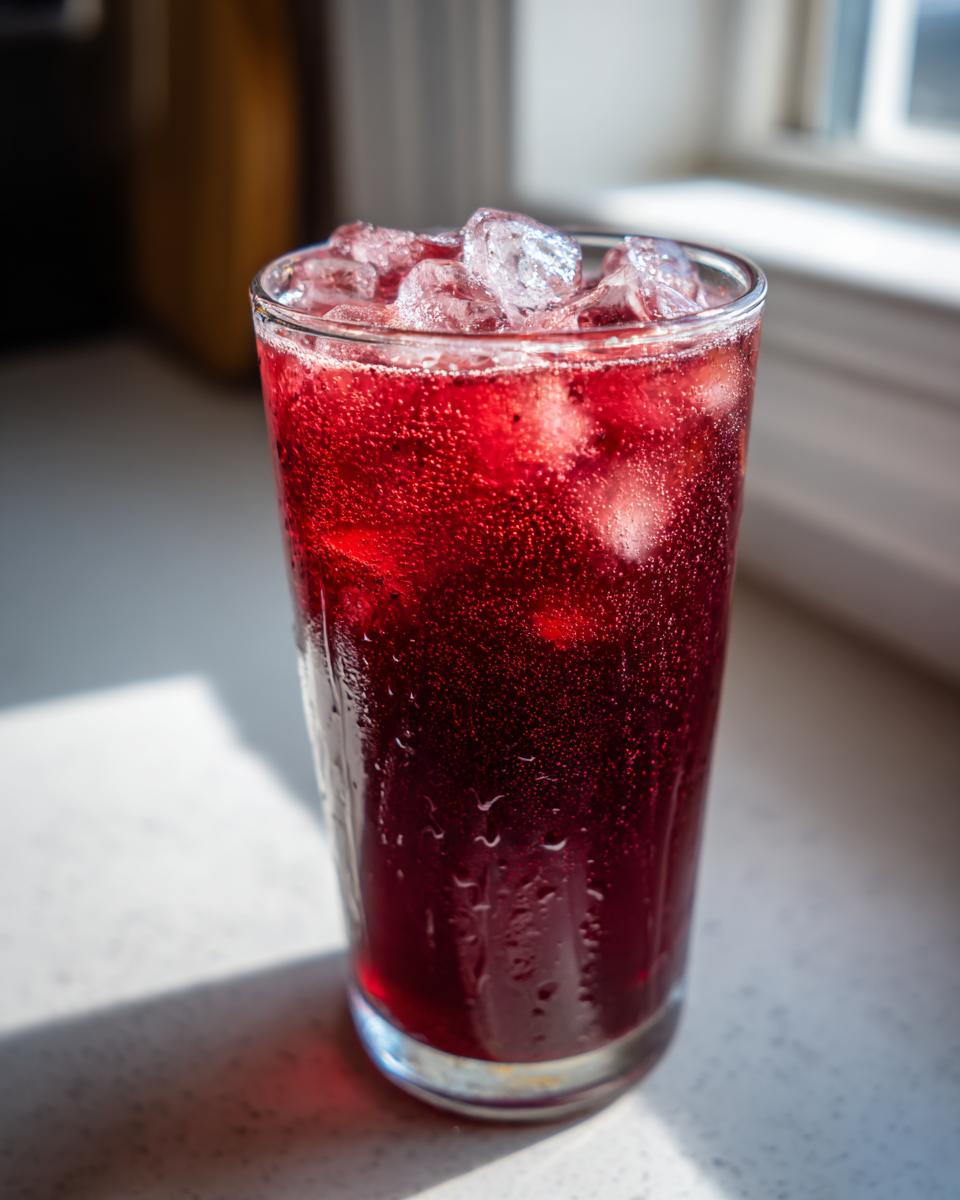 Tall glass filled with a vibrant, deep red, bubbly Healthy Blood Orange Kiwi Drink and ice cubes.