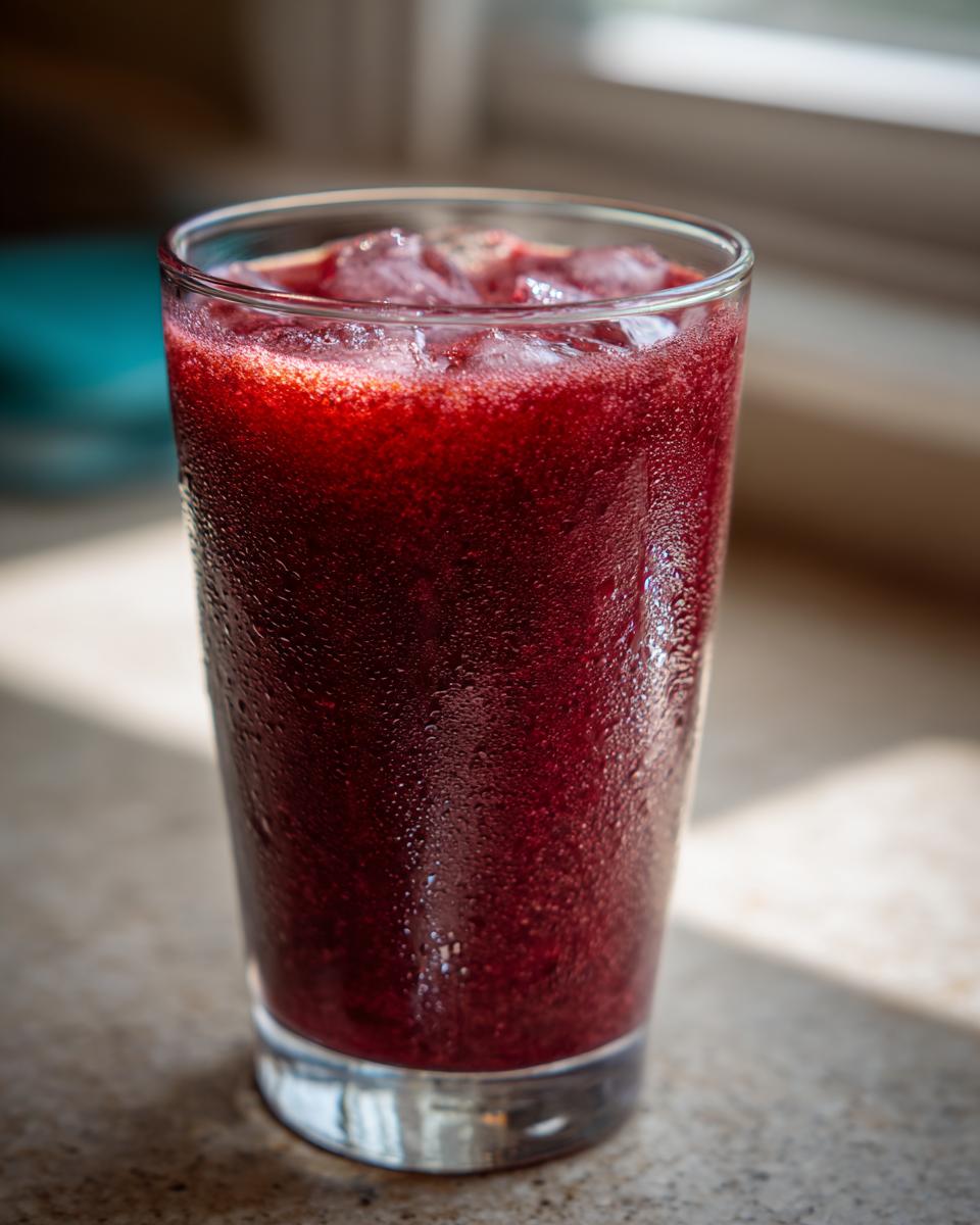 A tall glass filled with a deep red, icy Healthy Blood Orange Kiwi Drink, showing condensation on the outside.