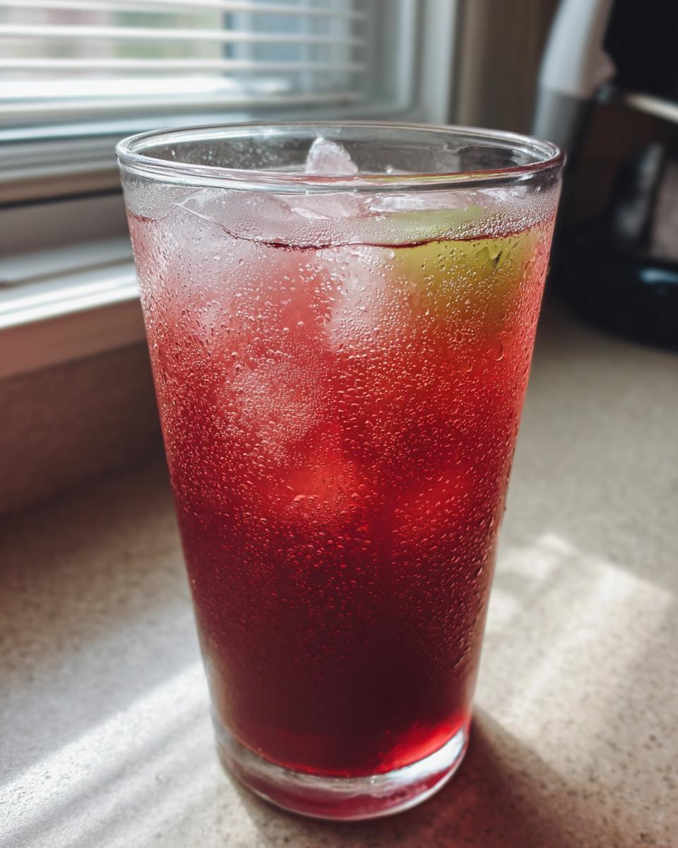 Close-up of a tall, sweating glass filled with a vibrant red Healthy Blood Orange Kiwi Drink and ice cubes.