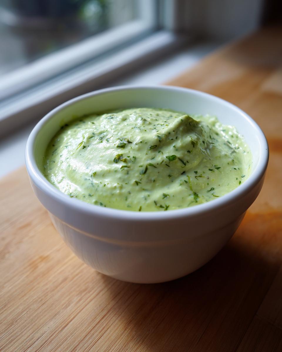 A close-up of a thick, pale green Healthy Green Goddess Salad Dip speckled with fresh herbs, served in a white bowl on a wooden surface.