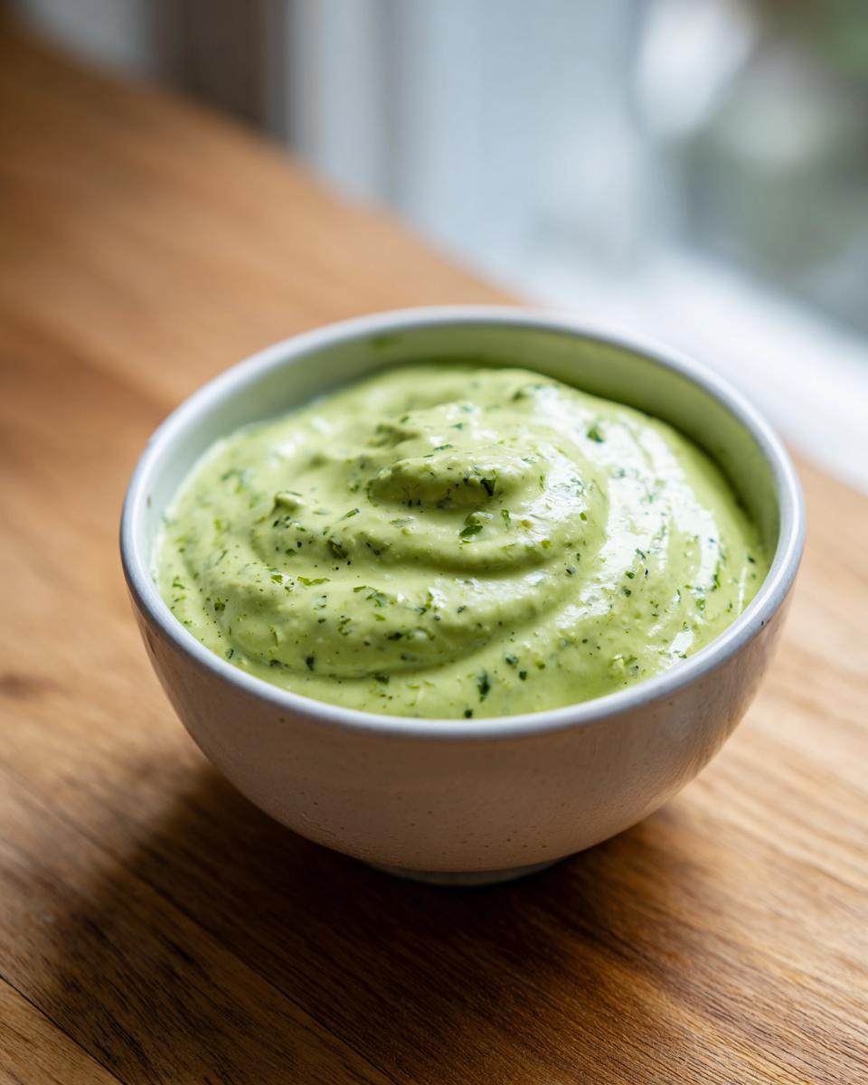 Close-up of a creamy, vibrant green Healthy Green Goddess Salad Dip swirled in a small white bowl.