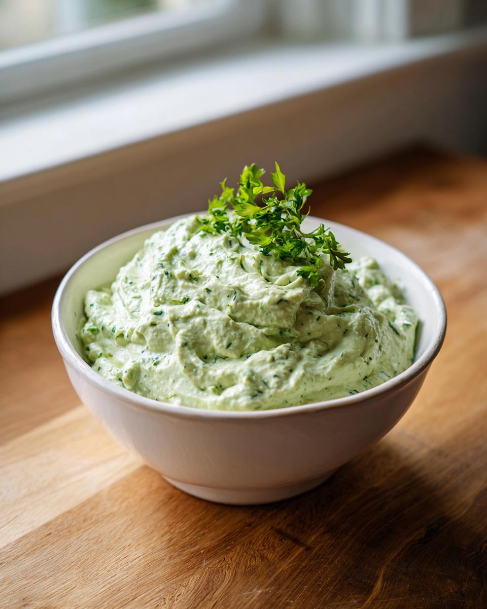 A white bowl filled with thick, creamy Healthy Green Goddess Salad Dip, garnished with fresh parsley.