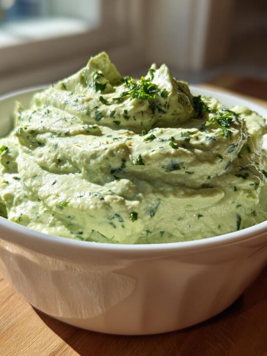 Close-up of a thick, pale green Healthy Green Goddess Salad Dip garnished with fresh herbs in a white bowl.