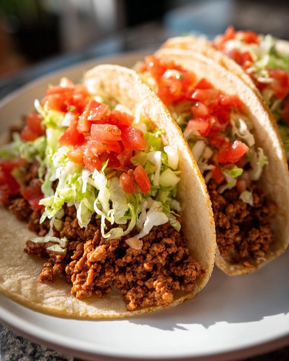 Three soft shell tacos filled with seasoned ground turkey, shredded lettuce, and diced tomatoes, representing Healthy Ground Turkey Tacos.