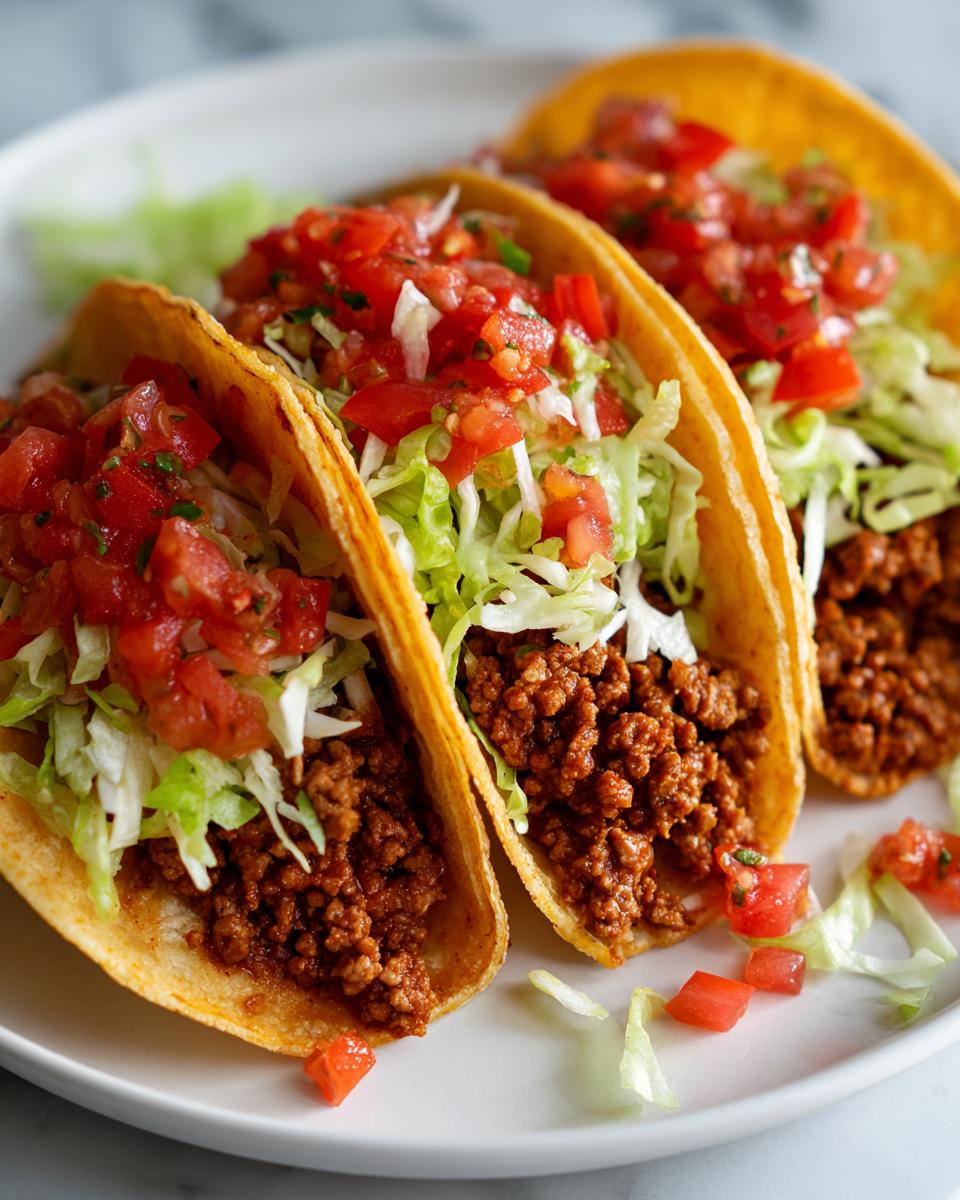 Close-up of three crunchy tacos filled with seasoned ground turkey, shredded lettuce, and fresh salsa.