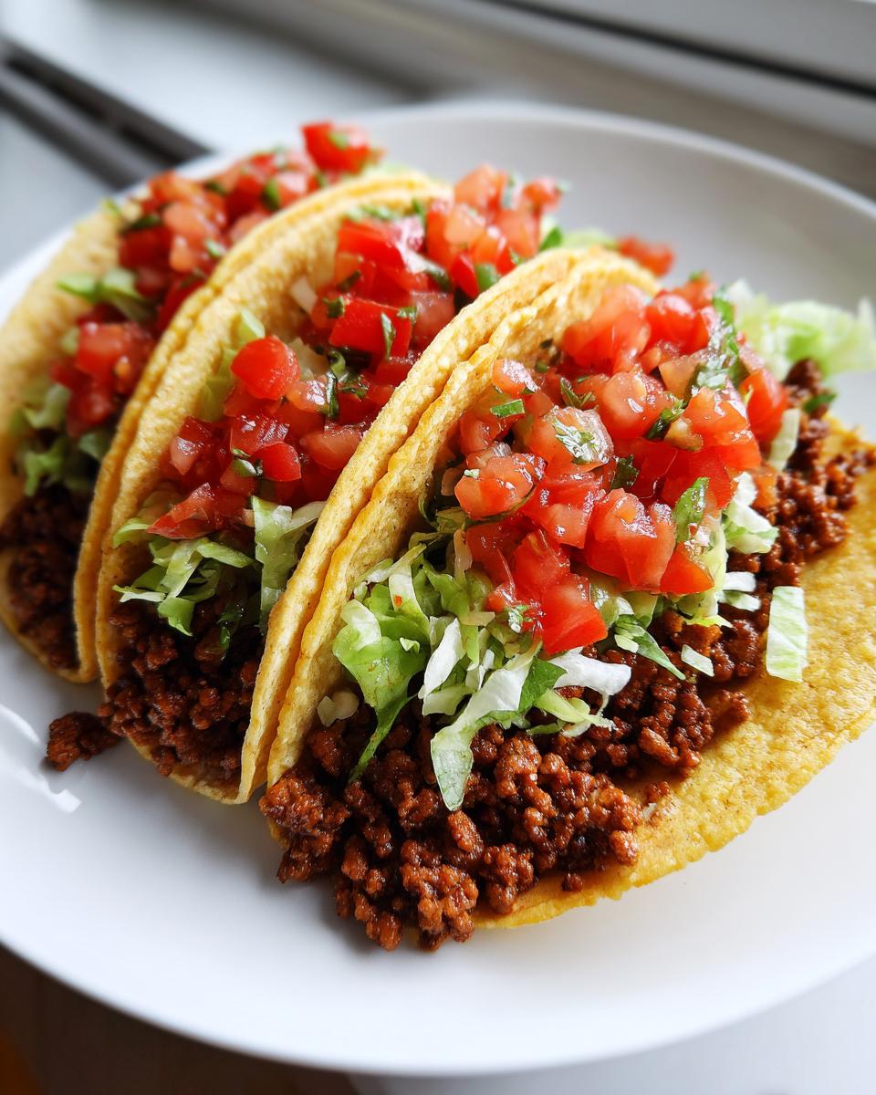 Three crispy tacos filled with seasoned ground turkey, shredded lettuce, and fresh pico de gallo, showcasing Healthy Ground Turkey Tacos.
