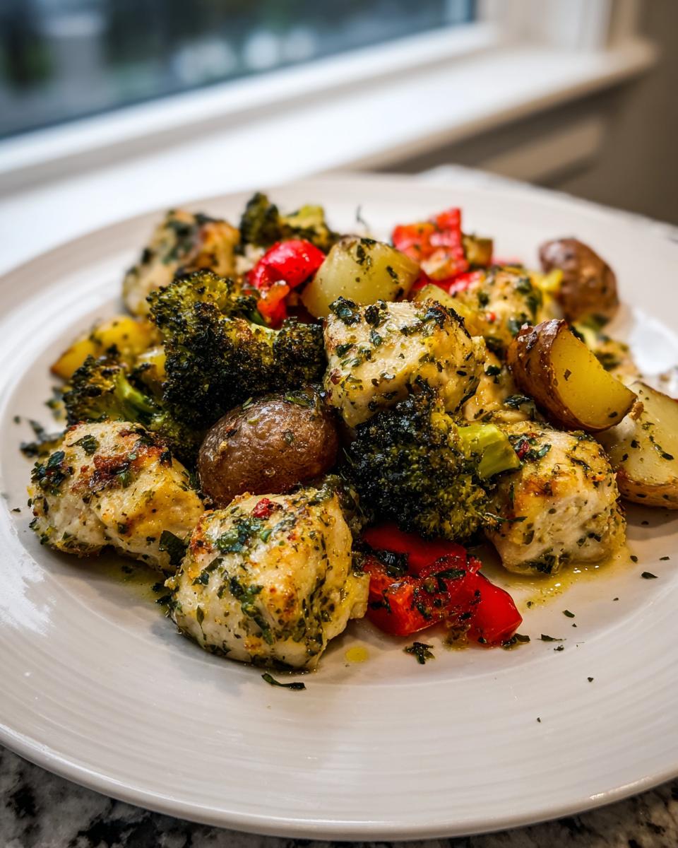 Close-up of seasoned chicken pieces, roasted potatoes, broccoli, and red peppers from a Sheet Pan Dinner Recipes.