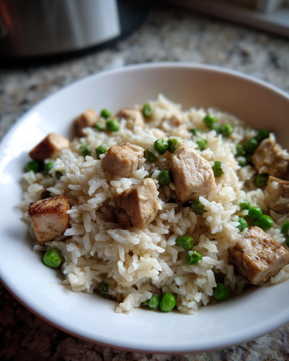 A bowl of rice mixed with cubed chicken pieces and green peas, representing a High Protein One Pot Dinner.
