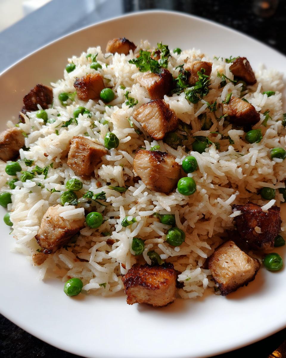Close-up of a High Protein One Pot Dinner featuring white rice, seared meat cubes, green peas, and parsley.