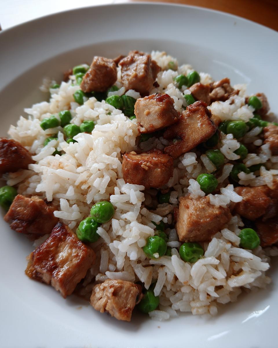 Close-up of a High Protein One Pot Dinner featuring rice, green peas, and browned protein cubes.