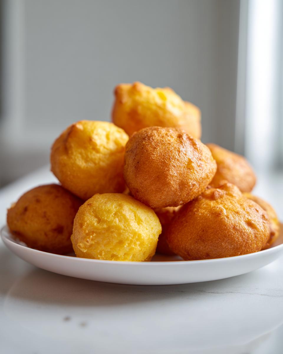 A pile of golden brown Homemade Corn Dog Bites served on a small white plate.