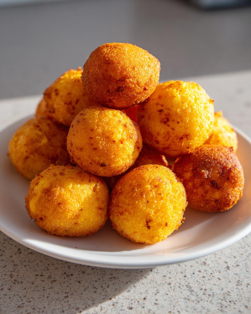 A pile of perfectly golden brown Homemade Corn Dog Bites stacked high on a white plate.
