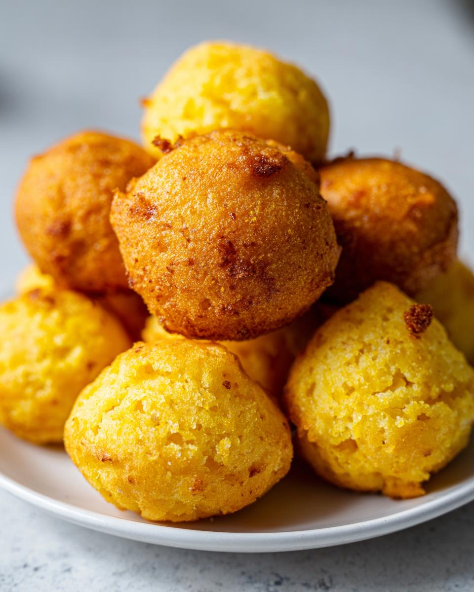 Close-up of a stack of golden brown Homemade Corn Dog Bites piled high on a white plate.