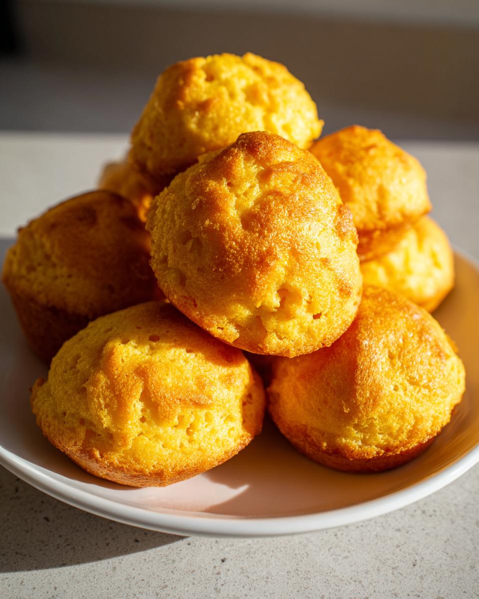 A stack of golden, freshly baked Homemade Corn Dog Bites piled high on a white plate.