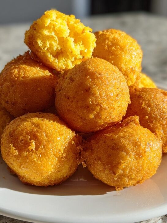 A stack of golden brown Homemade Corn Dog Bites piled high on a white plate, with one broken open showing the interior.