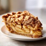 Close-up of a generous slice of Homemade Dutch Apple Pie showing thick apple filling and a crunchy streusel topping.