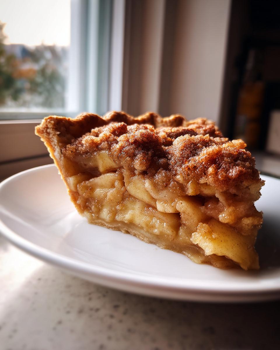Close-up of a thick slice of Homemade Dutch Apple Pie featuring tender apples and a cinnamon streusel topping.