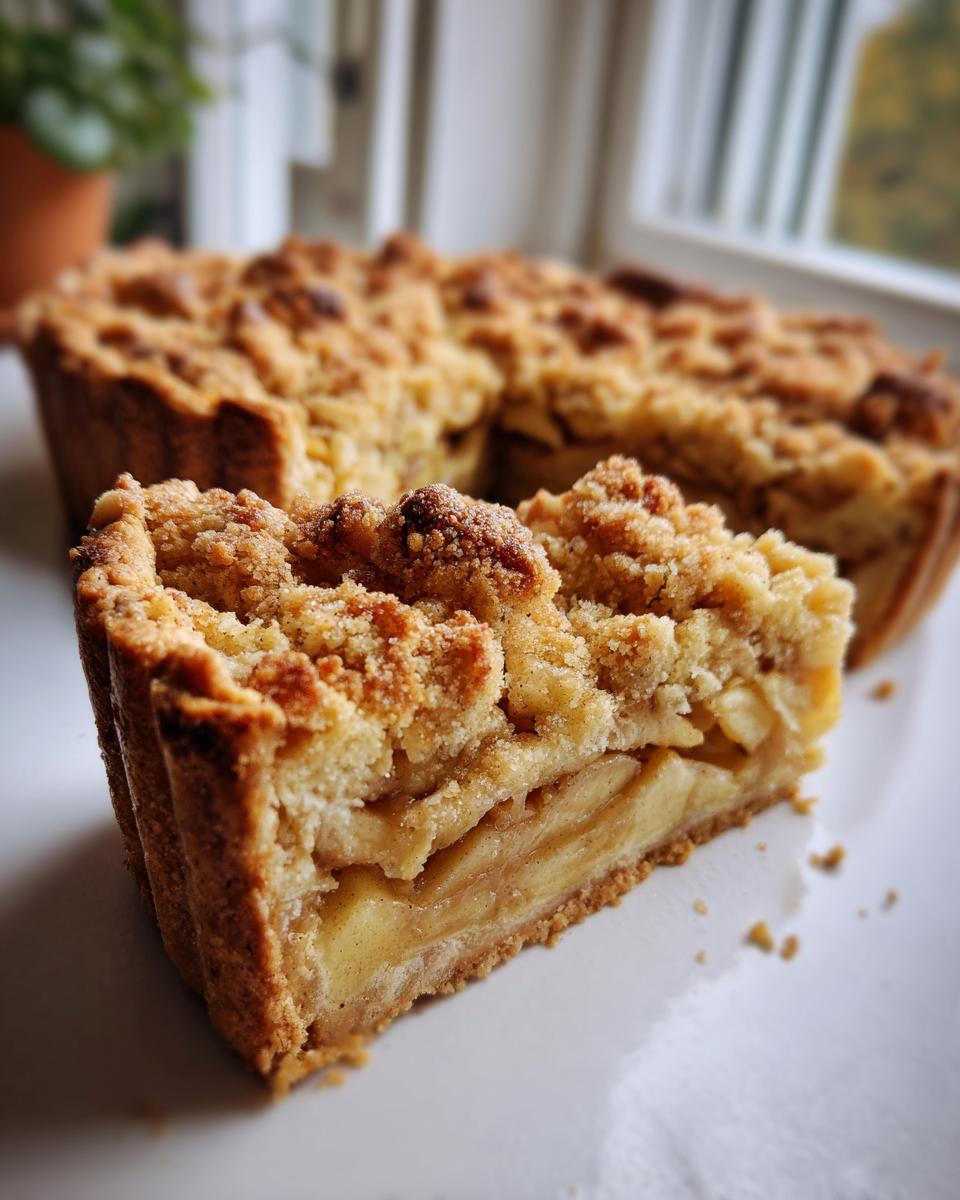 Close-up of a slice of Homemade Dutch Apple Pie showing thick apple filling and a crumbly streusel topping.