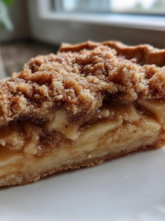Close-up of a thick slice of Homemade Dutch Apple Pie showing layered apples and a cinnamon streusel topping.