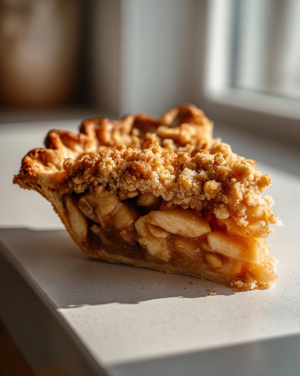 Close-up of a delicious slice of Homemade Dutch Apple Pie showing caramelized apple filling and a thick crumb topping.