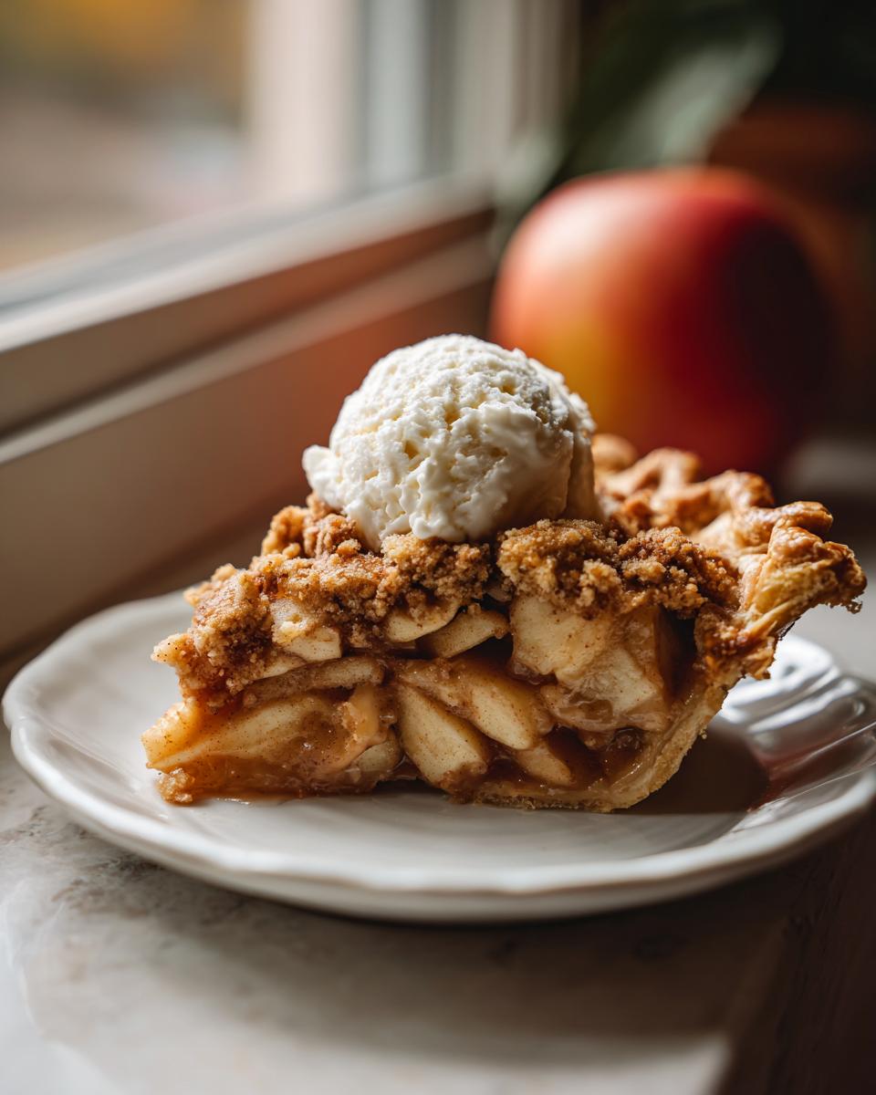 A close-up of a slice of Homemade Dutch Apple Pie with a crumble topping and vanilla ice cream.