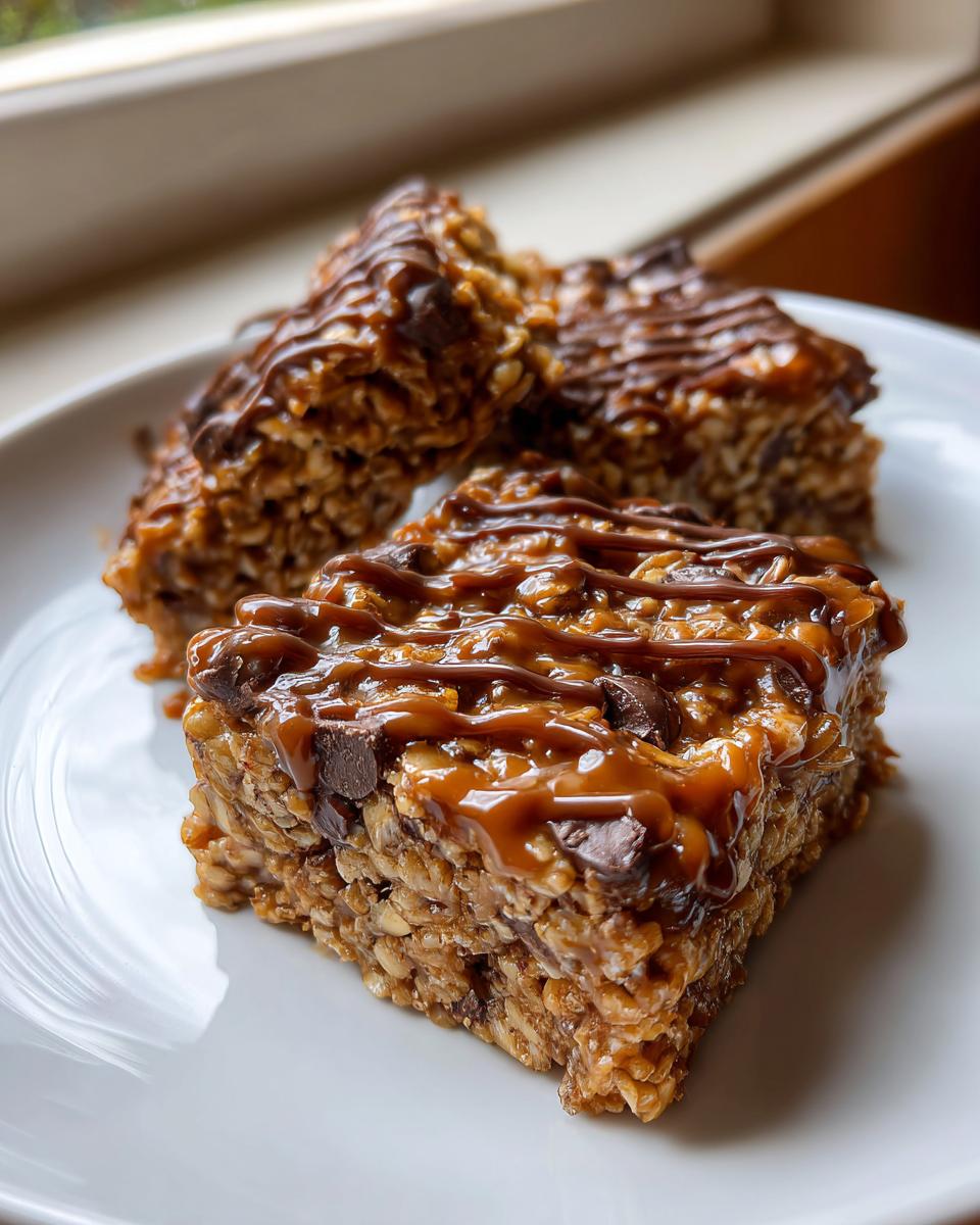 Close-up of rich Homemade No Bake Granola Bars topped with caramel sauce and chocolate chips on a white plate.