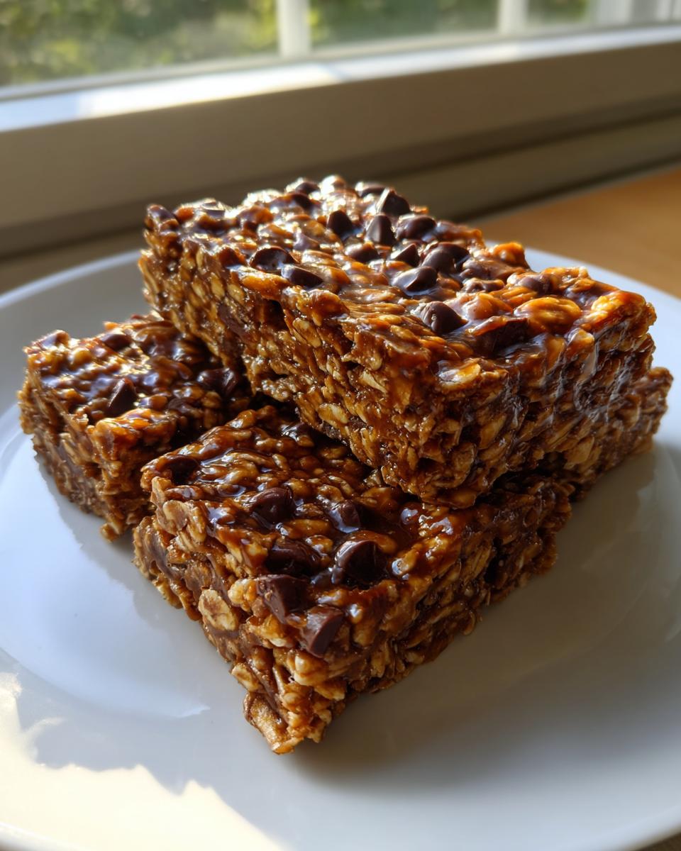 Three rich, gooey Homemade No Bake Granola Bars stacked on a white plate, topped with chocolate chips.