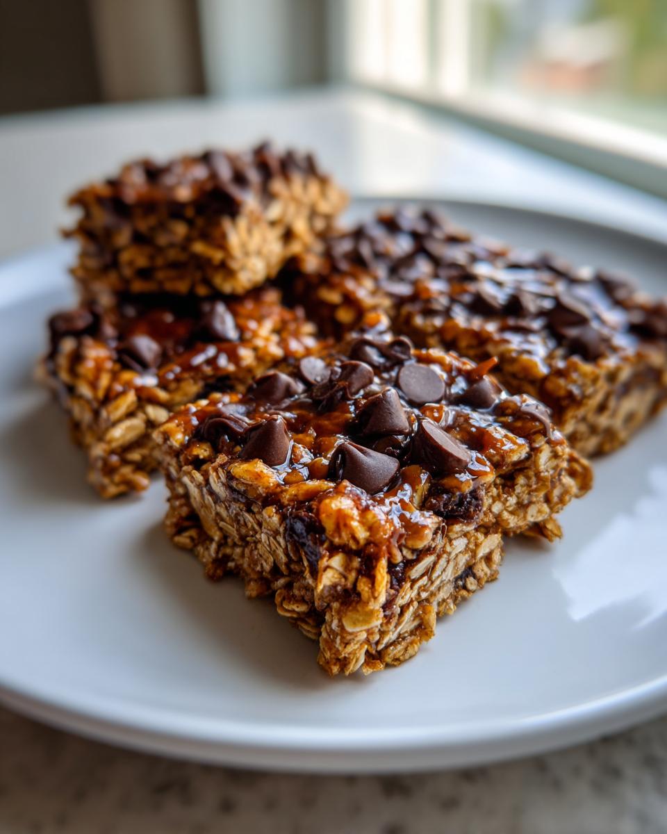 Close-up of Homemade No Bake Granola Bars topped with melted chocolate and chips on a white plate.