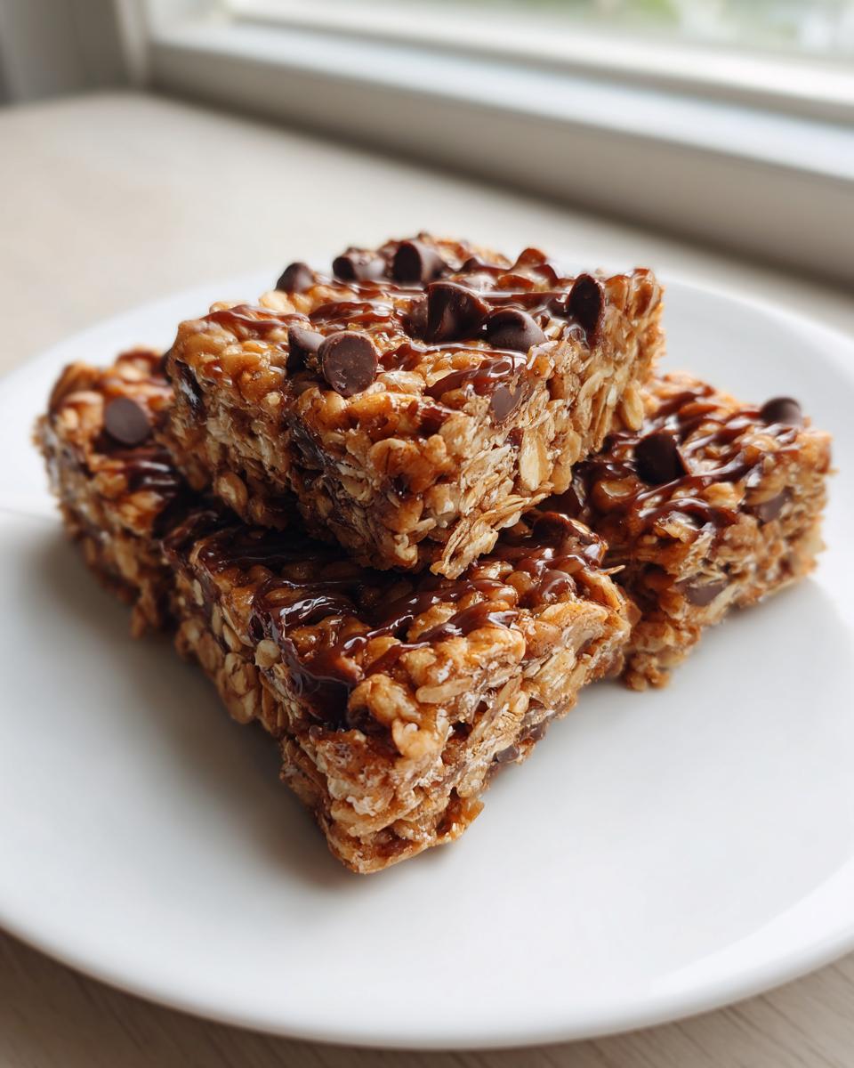 A stack of four rich, chewy Homemade No Bake Granola Bars topped with chocolate chips and a drizzle of caramel sauce.