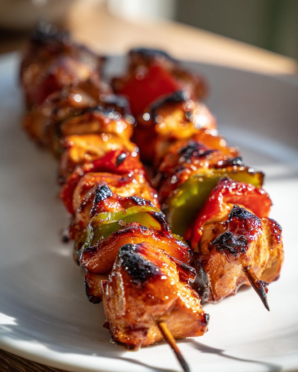 Close-up of two skewers of glazed Honey Bbq Chicken Kabobs with charred edges and bell peppers on a white plate.