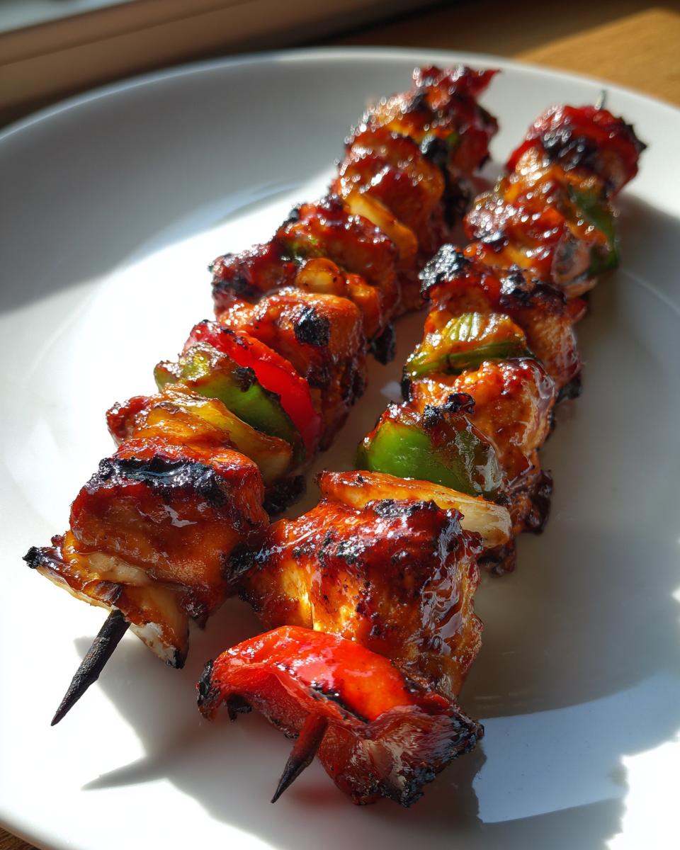 Two skewers of grilled Honey Bbq Chicken Kabobs with charred edges and glossy glaze, served on a white plate.