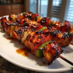 Close-up of several glistening Honey Bbq Chicken Kabobs with charred edges and colorful peppers on a white platter.