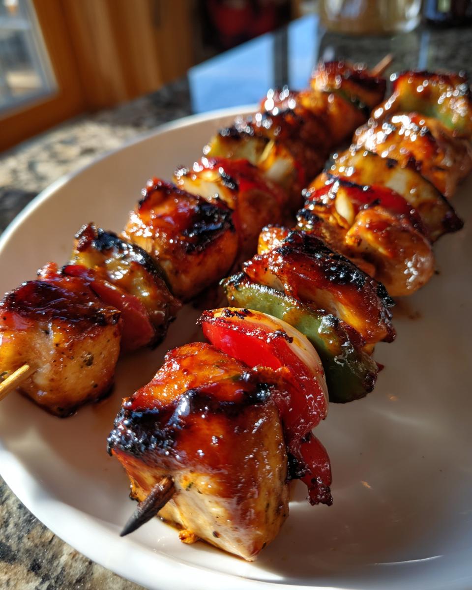 Close-up of grilled Honey Bbq Chicken Kabobs with charred edges and glossy glaze, served with peppers and onions.