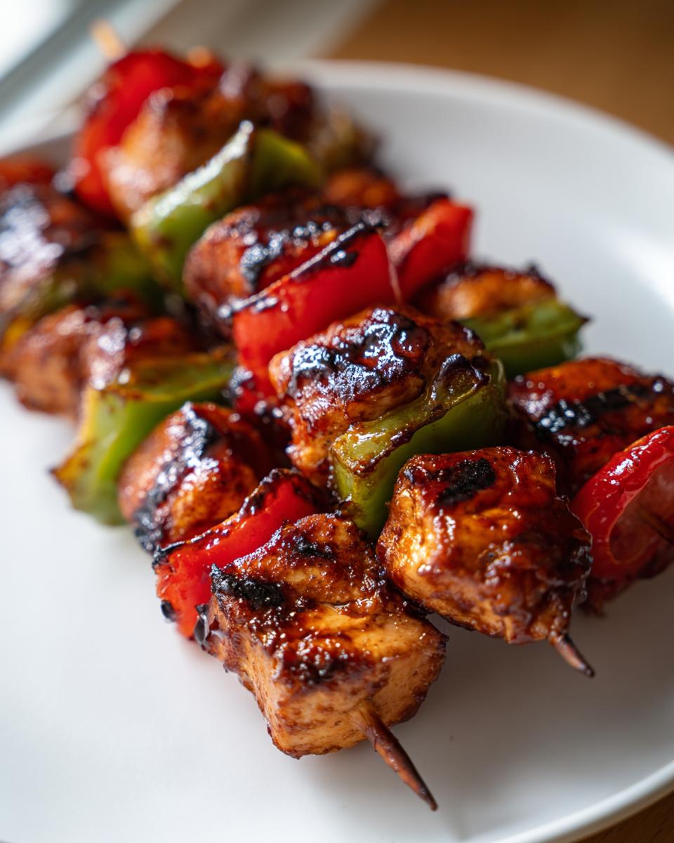 Close-up of grilled Honey Bbq Chicken Kabobs with charred edges and chunks of red and green bell peppers.