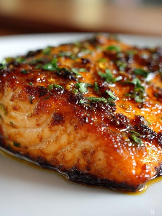 Close-up of a perfectly cooked Honey Garlic Butter Salmon fillet with a shiny glaze and fresh parsley.