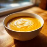 A creamy, bright orange bowl of Honey Roasted Acorn Squash Soup, garnished with a swirl of white cream.