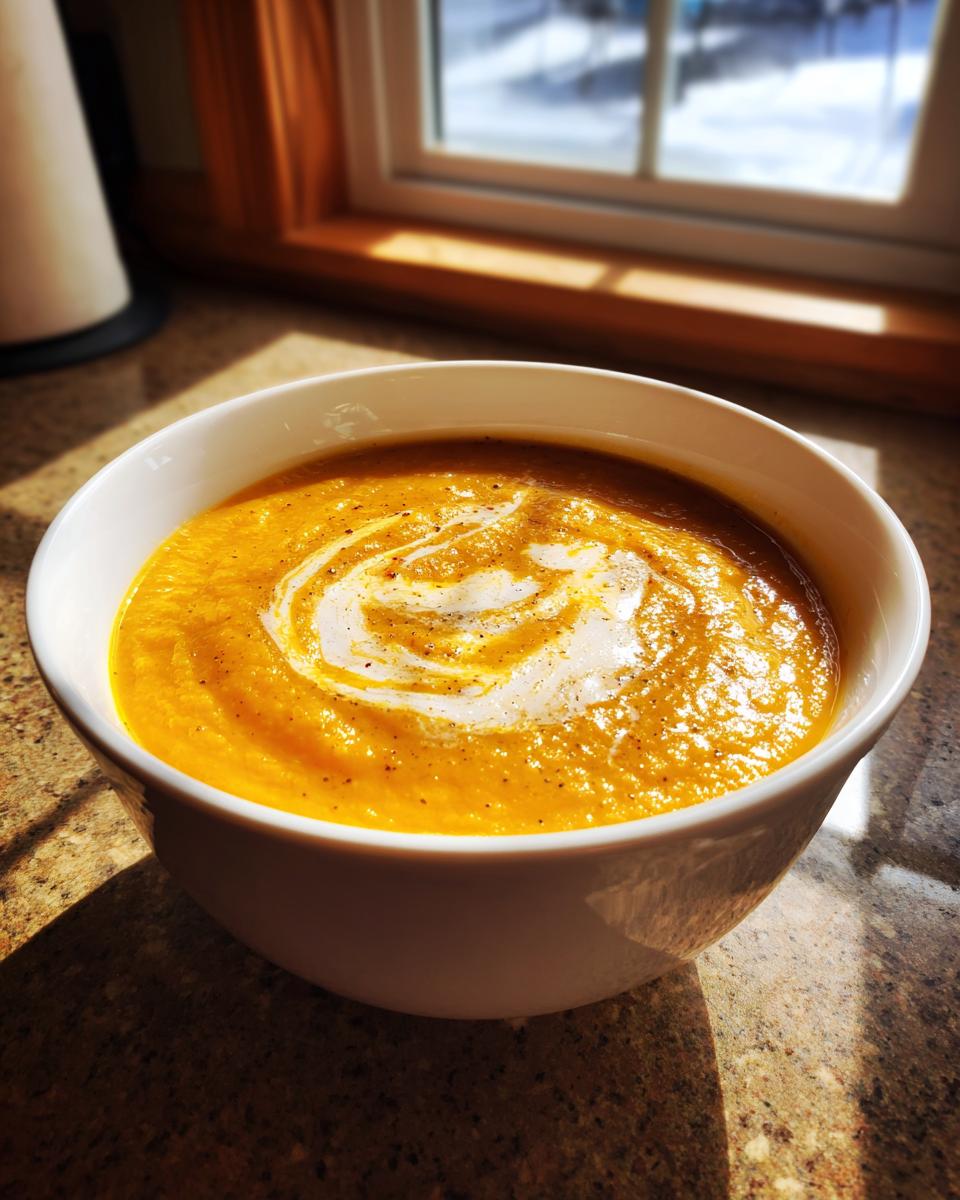 A vibrant orange bowl of Honey Roasted Acorn Squash Soup, swirled with cream and pepper, sitting by a sunlit window.