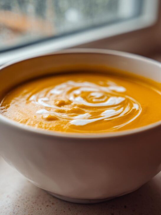 A close-up of a bowl of vibrant orange Honey Roasted Acorn Squash Soup, garnished with a swirl of cream.