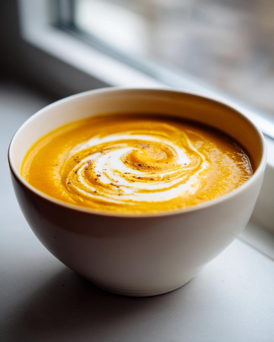 A close-up of rich, orange Honey Roasted Acorn Squash Soup, swirled with cream and sprinkled with pepper.