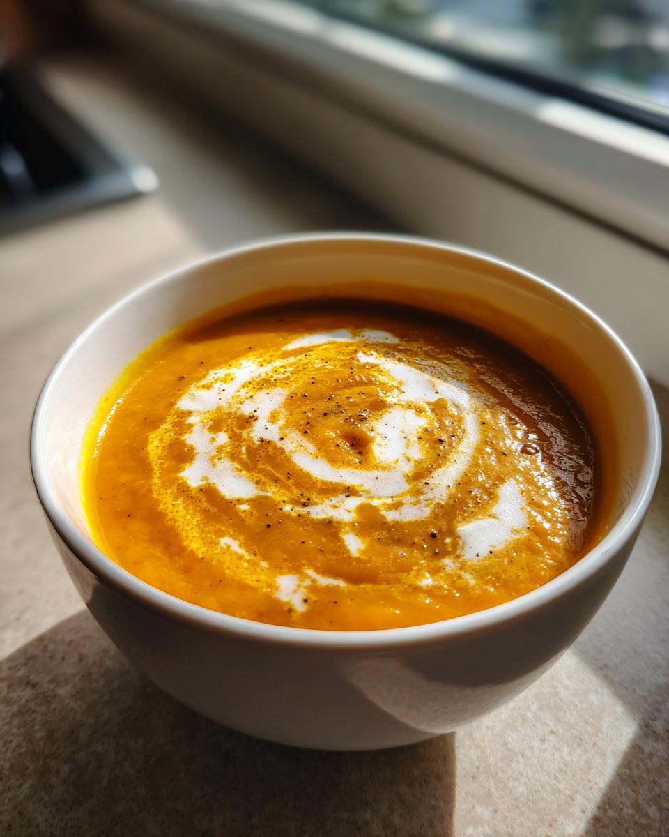 A close-up of rich orange Honey Roasted Acorn Squash Soup topped with a swirl of cream and black pepper.