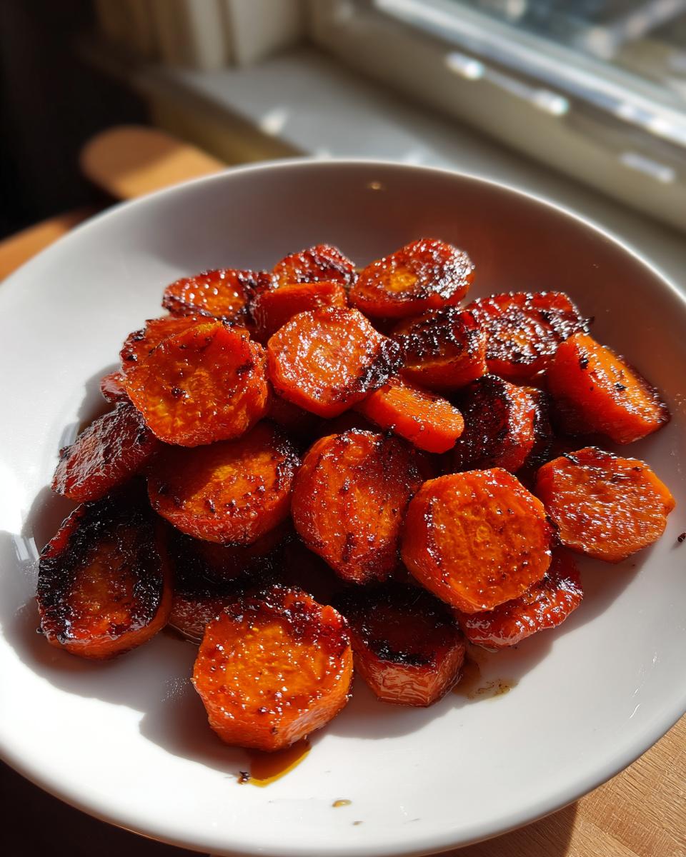 Close-up of glazed Honey Roasted Carrots, caramelized and slightly charred, served in a white bowl.