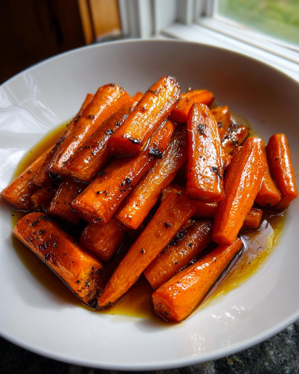 Close-up of glistening Honey Roasted Carrots coated in a sweet glaze, served in a white bowl.