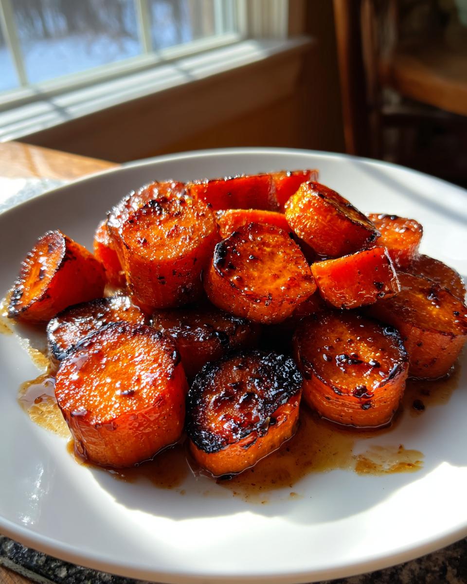 Close-up of thick-cut, glazed Honey Roasted Carrots with caramelized edges served on a white plate.