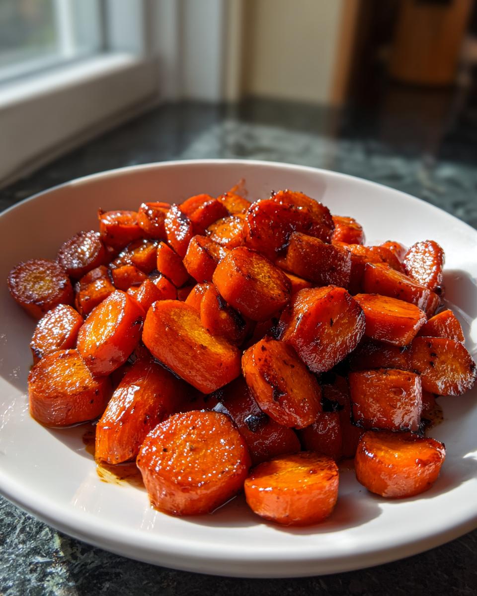 Close-up of glossy, caramelized Honey Roasted Carrots served in a white bowl.